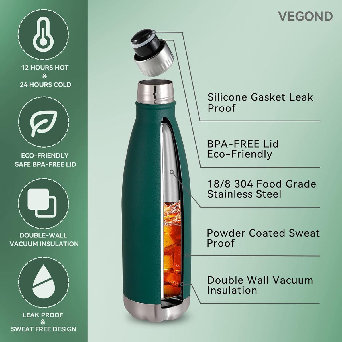 VEGOND 17oz Stainless Steel Water Bottles Bulk, Reusable Metal Sports Water Bottle Keeps Drink Hot