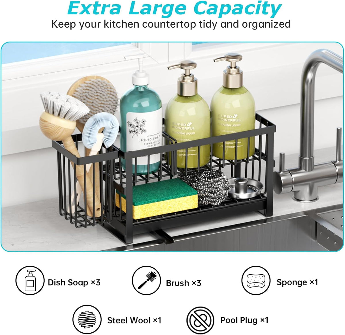 Sponge Holder for Kitchen Sink, 2 Tier Sink Caddy Organizer Countertop with Dish Brush Holder and