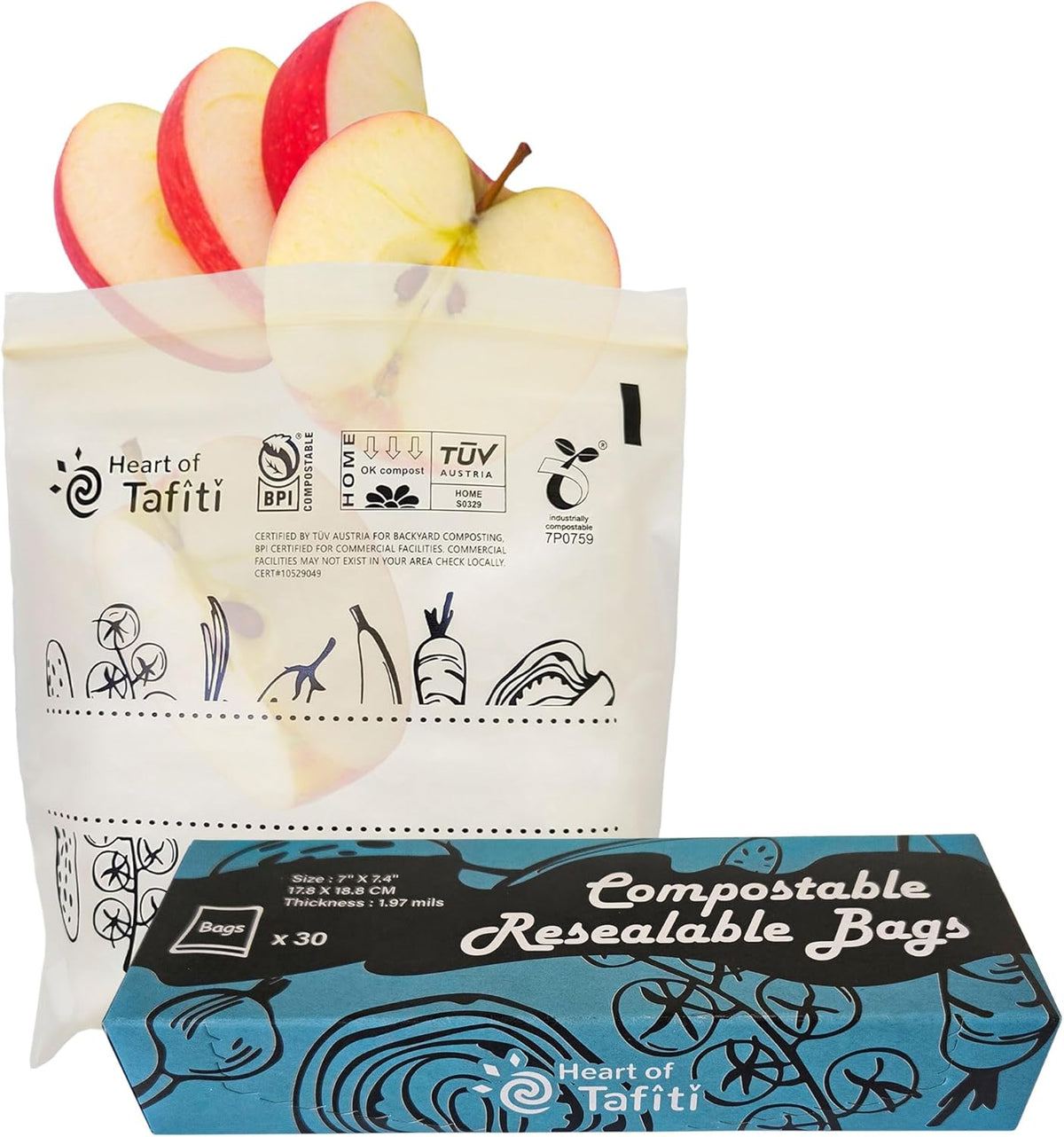 Compostable Food Storage Bags, Resealable Quart Bags, 30 Count, 7 x 7.4 inches, Extra Thick and