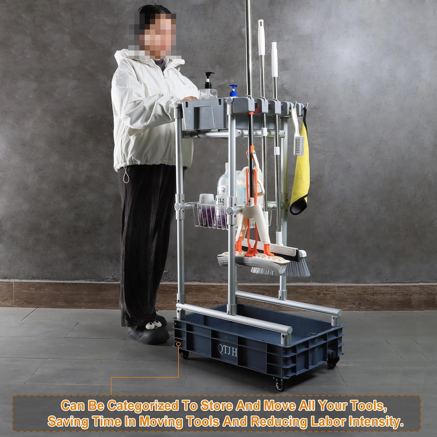Rolling Cleaning Cart with Mop & Broom Organizer ， Convenient Storage Cart for Janitorial Supplies