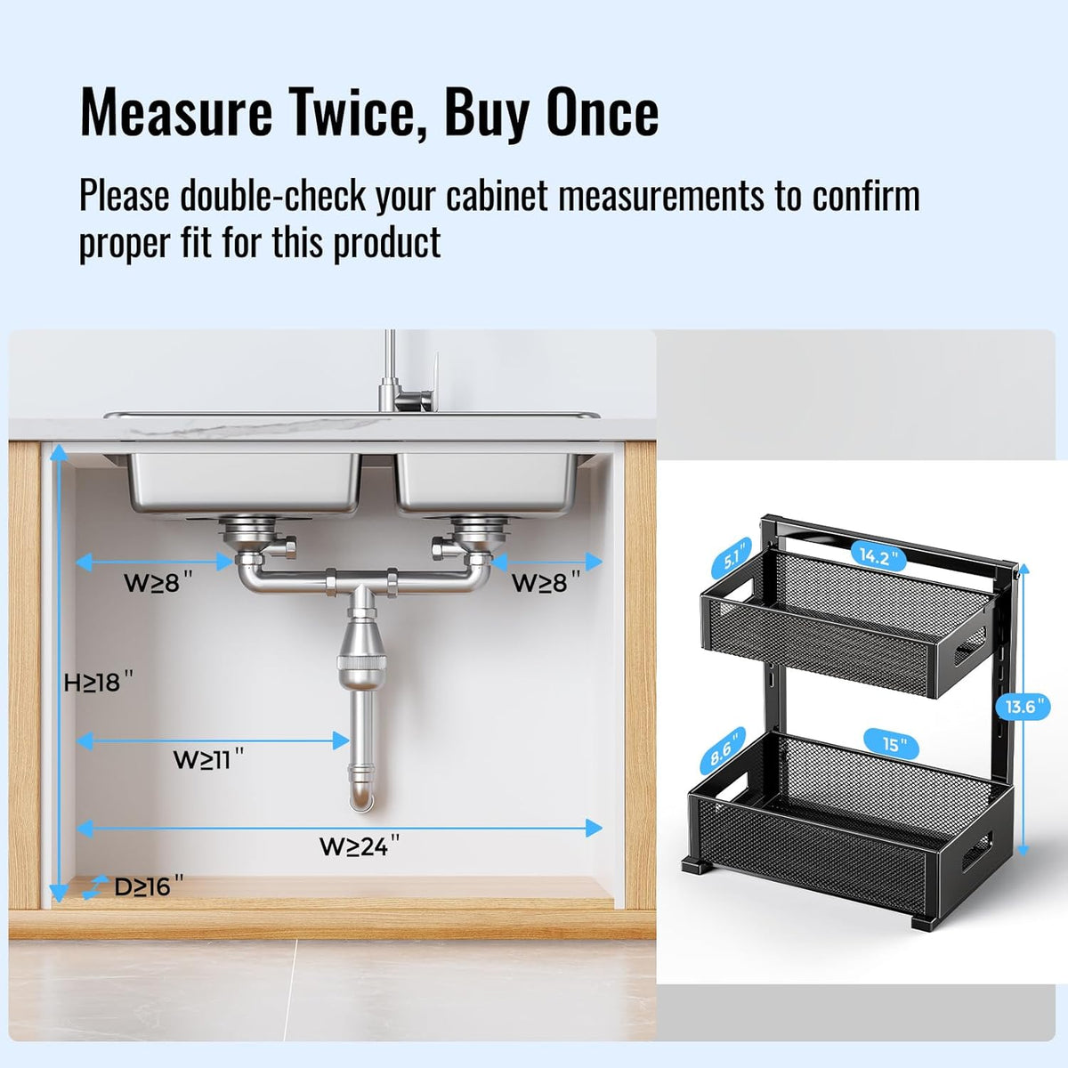 Under Sink Organizer, Silk-Smooth Metal Sliding Drawer Organizers and Storage Rack, Pull Out