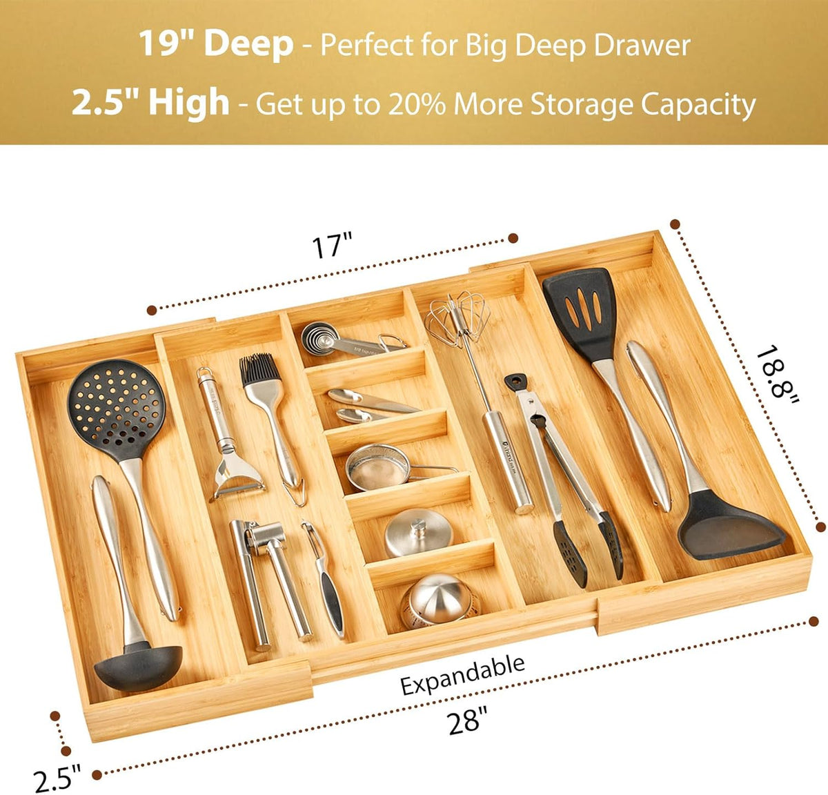 Umilife Extra Large Expandable Kitchen Drawer Organizer for Utensil and Junk, 19" Deep for Big