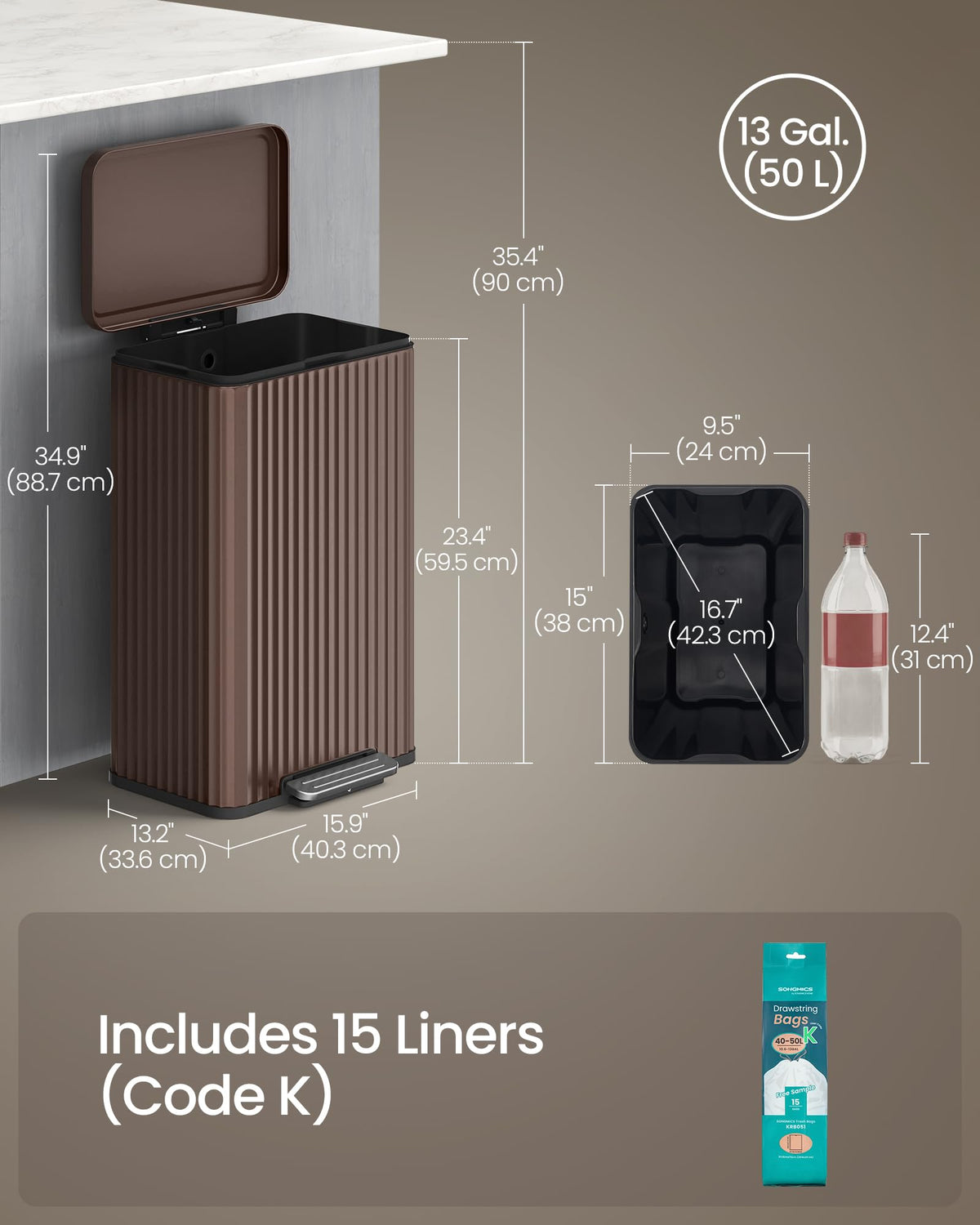 SONGMICS Trash Can, 13 Gallon (50 L) Garbage Can for Kitchen, with Lid, Pedal, and Removable Inner