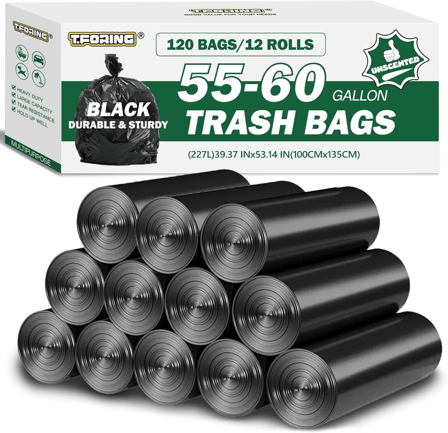 55-60 Gallon Black Trash Bags 120 Count - 40''x53'' Extra Large 50+ Gallon Garbage Bags,Unscented