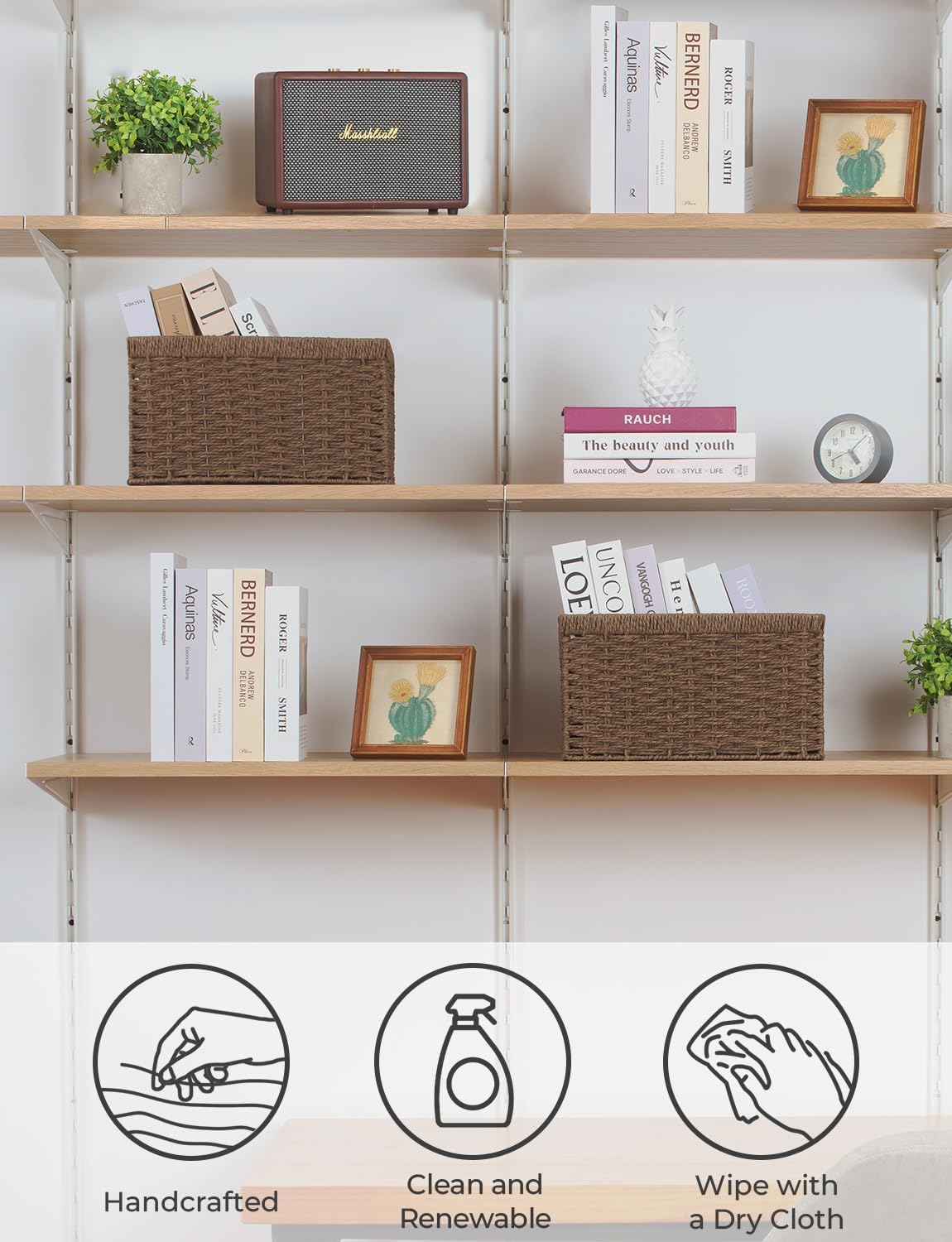 StorageWorks Round Paper Rope Storage Baskets, Rectangular Wicker Baskets with Built-in Handles