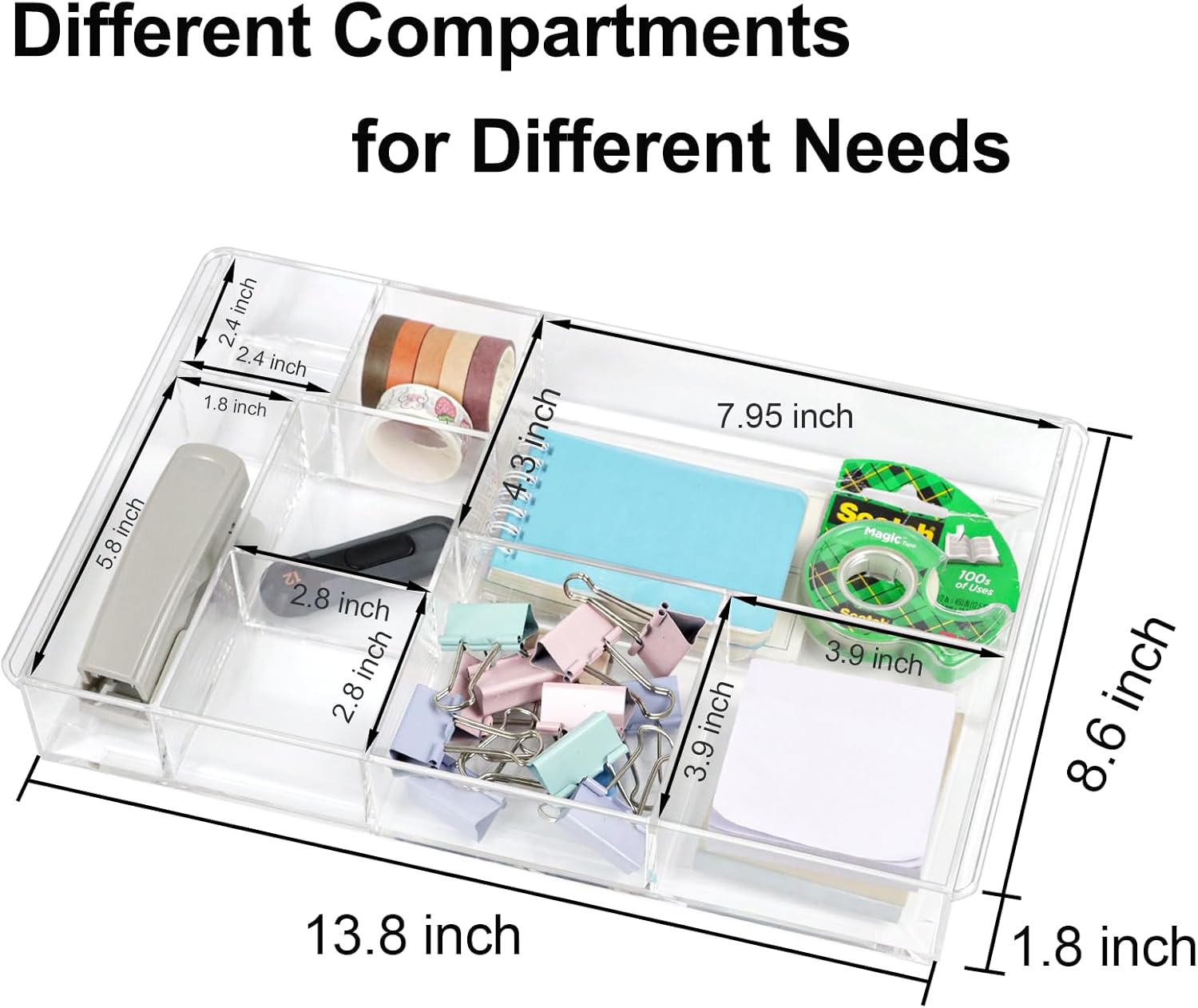 8-Section Clear Drawer Organizer, Large Acrylic Drawer Divider Tray for Desk,Bathroom,Office