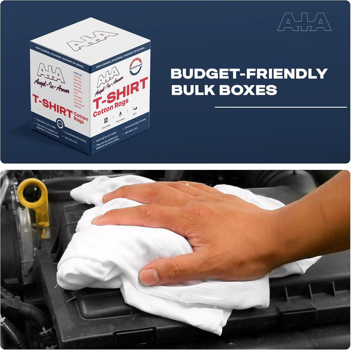 Angel-in-Armor White T-Shirt Rags – 5lb Box of Recycled Cotton Knit Shop Rags – Low Lint Cleaning