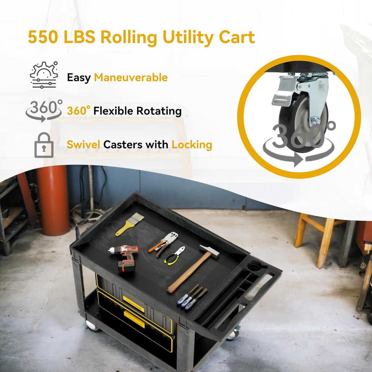 DWVO Utility Service Cart on Wheels, 45 X 25 in 550 LBS Heavy Duty Rolling Cart Plastic Work Cart