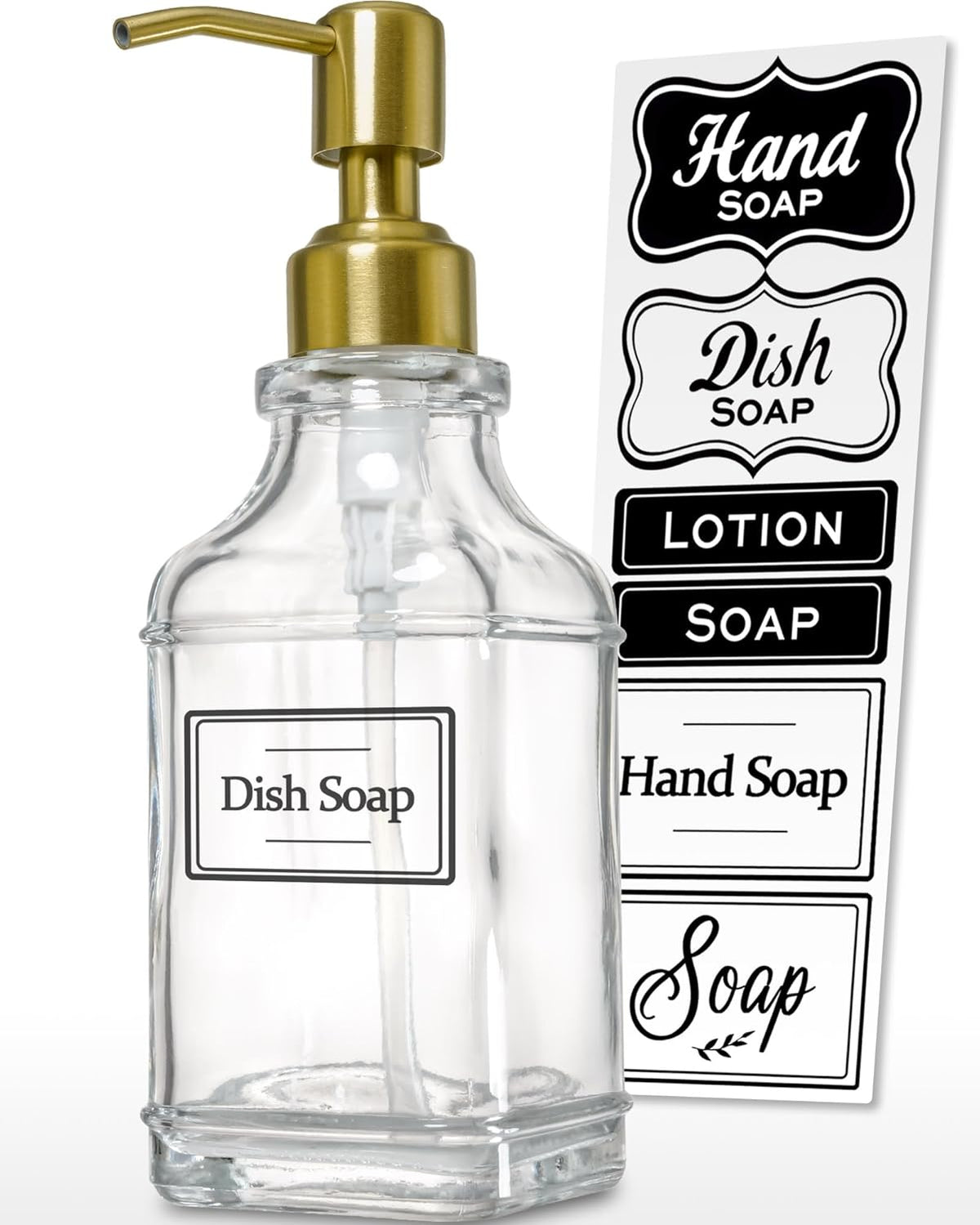 JASAI Antique Square Glass Soap Dispenser with Golden Rust Proof Pump, Refillable soap Dispenser