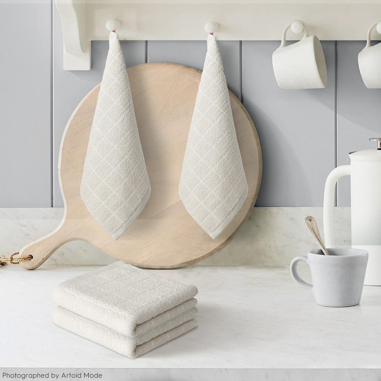 Artoid Mode Checkered Designed Cotton Beige Terry Kitchen Dish Cloths, 12x12 Inch Soft Absorbent