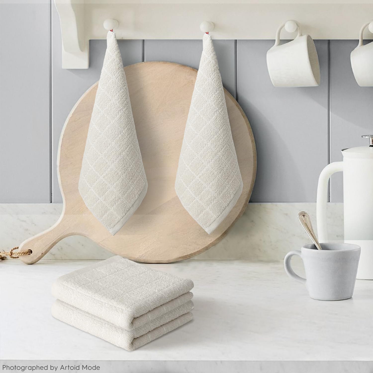 Artoid Mode Checkered Designed Cotton Beige Terry Kitchen Dish Cloths, 12x12 Inch Soft Absorbent