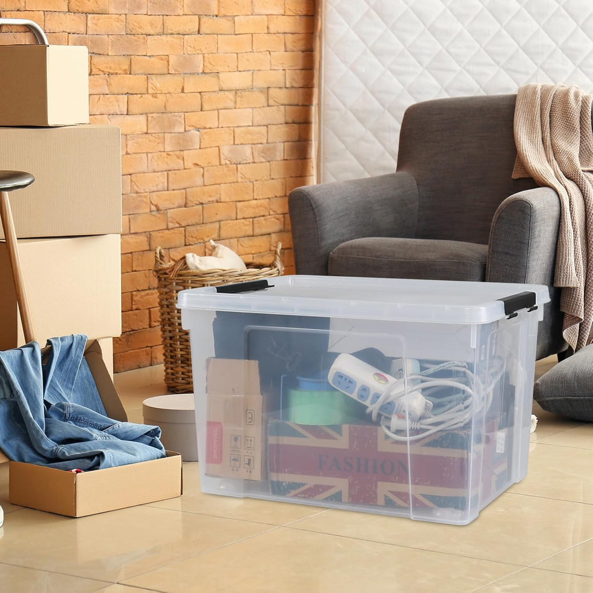 50 L Large Plastic Storage Bins with Latching Lids and Wheels, 4-Pack Clear Stackable Boxes for