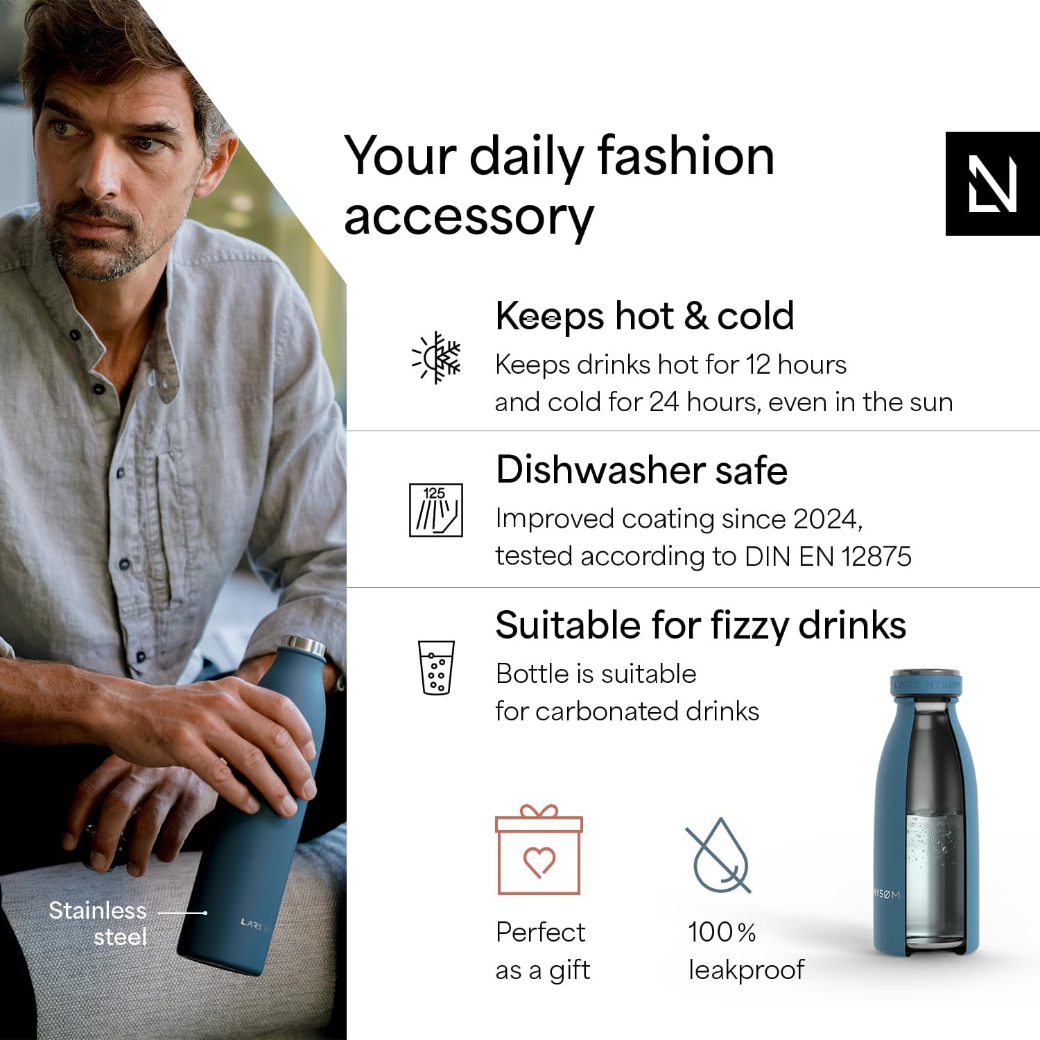 LARS NYSØM Stainless Steel Insulated Water Bottle 12oz 17oz 25oz 34oz 51oz | Insulated Thermo Flask