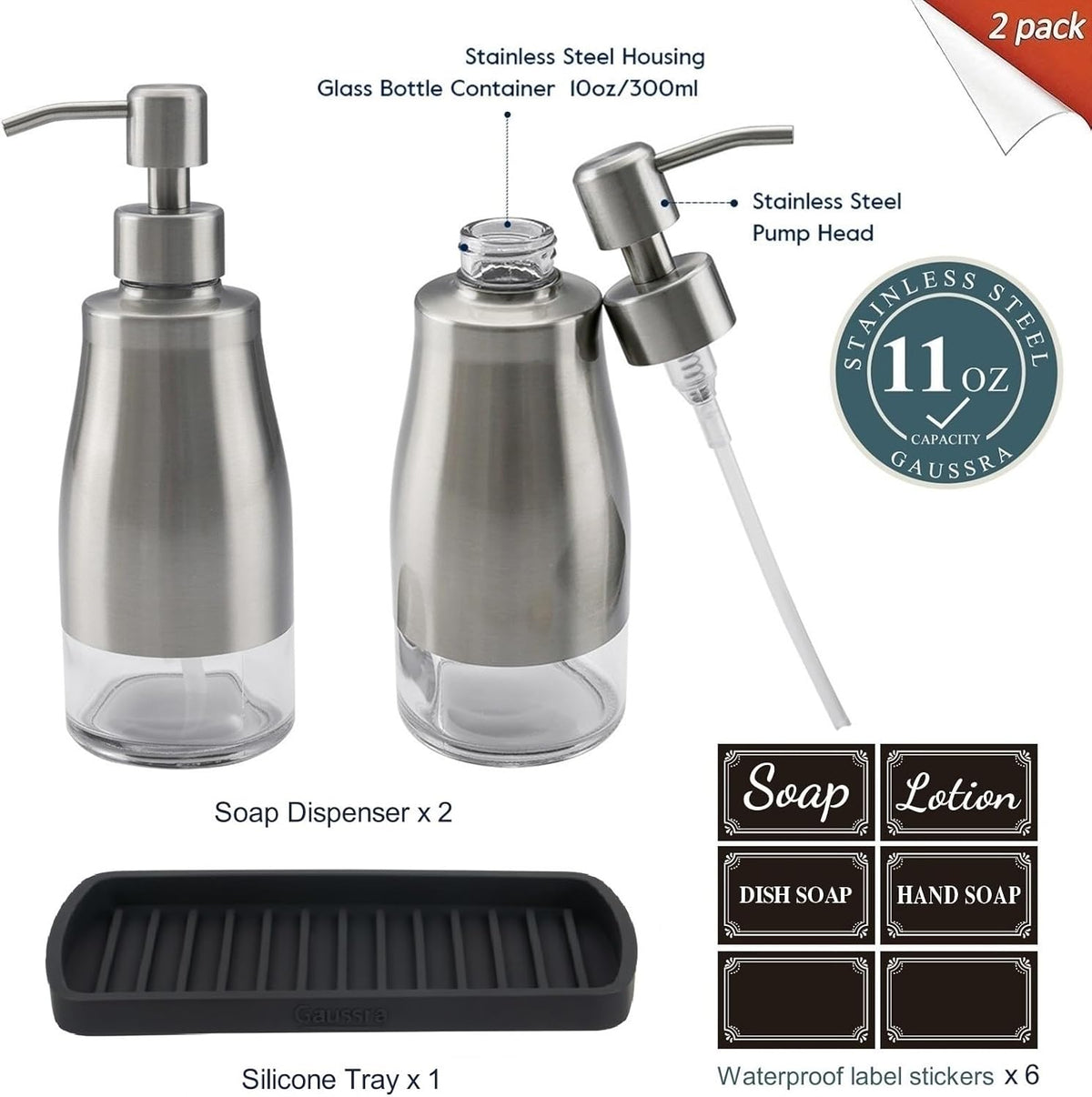 Gaussra Kitchen Soap Dispenser Set with Silicone Tray and Stickers - Brushed Nickel, Stainless