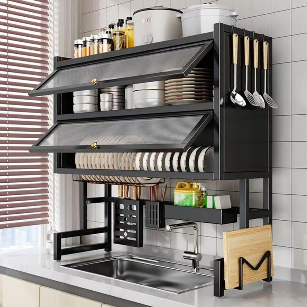 Dish Drying Rack 4 Tiers with Cover, Keep Kitchen Sink Shlef Organized Space-Saving Dish Drying
