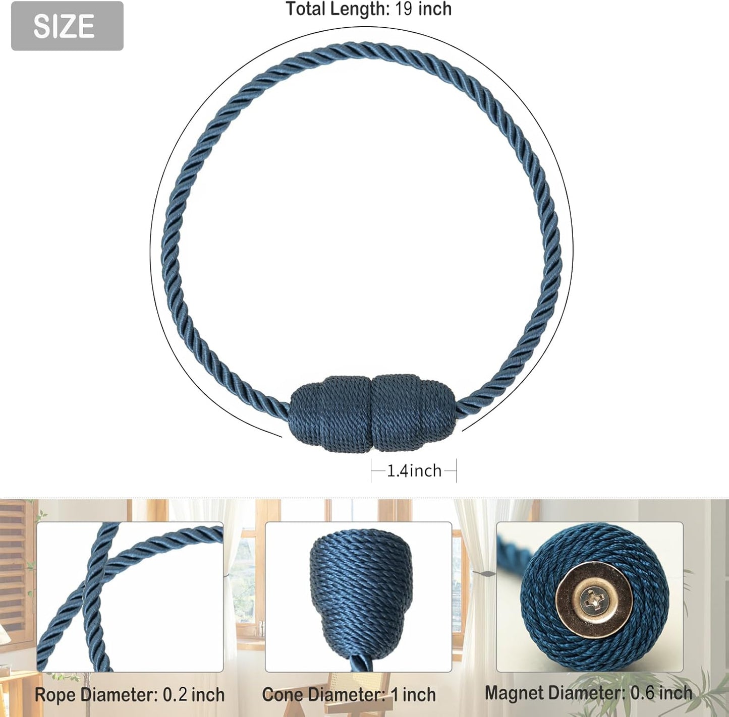 Magnetic Curtain Tiebacks Rope Curtain Tie Backs for Curtains 8 Pack Curtain Holders for Drapes
