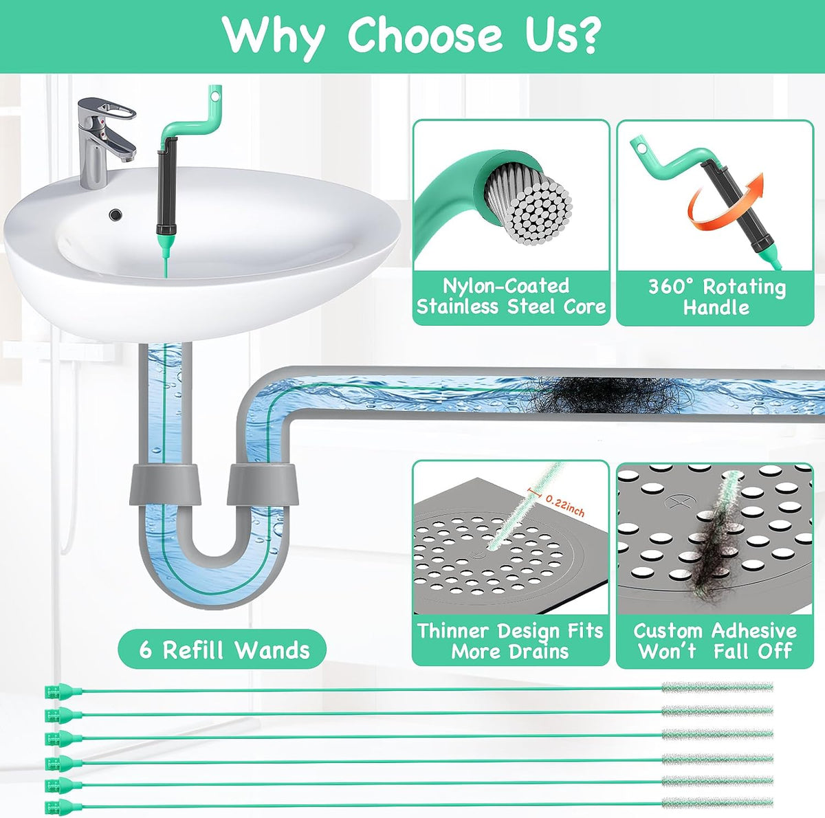 Drain Clog Remover Tool – 30”Anti-break Steel Sink Snake Hair Drain Cleaner Tool, Plumbing Snake