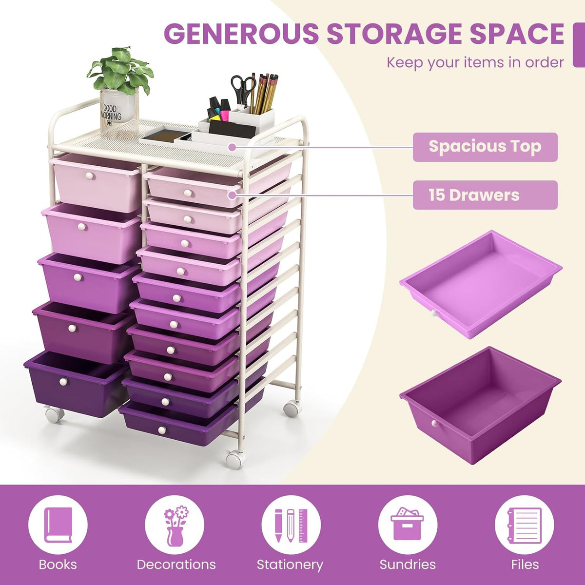 GOFLAME 15-Drawer Rolling Storage Cart, Multipurpose Movable Organizer Cart, Utility Cart for Home