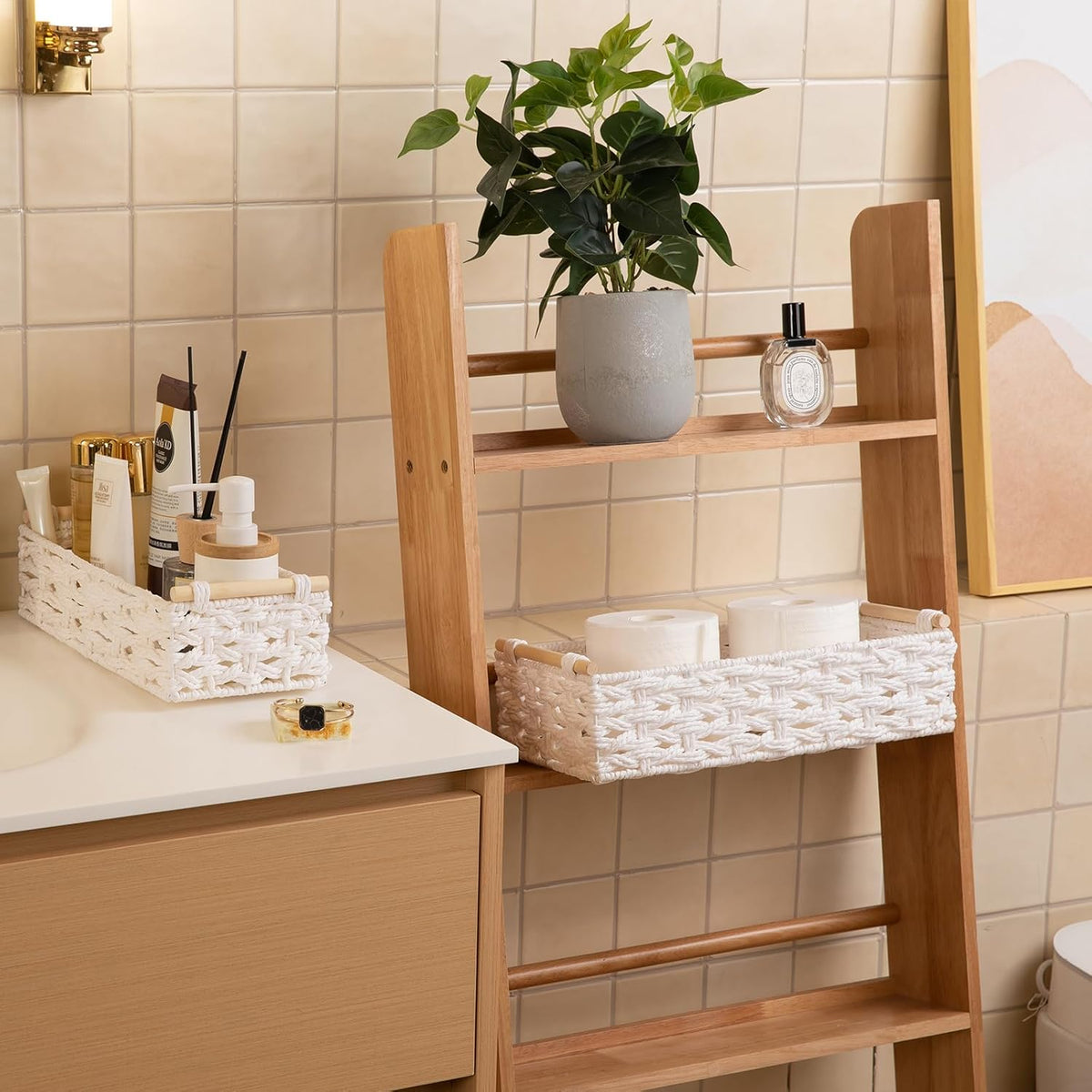 OIAHOMY Toilet Paper Baskets Handmade Paper Rope Decorative Wicker Storage Tank Shelf Cabinet