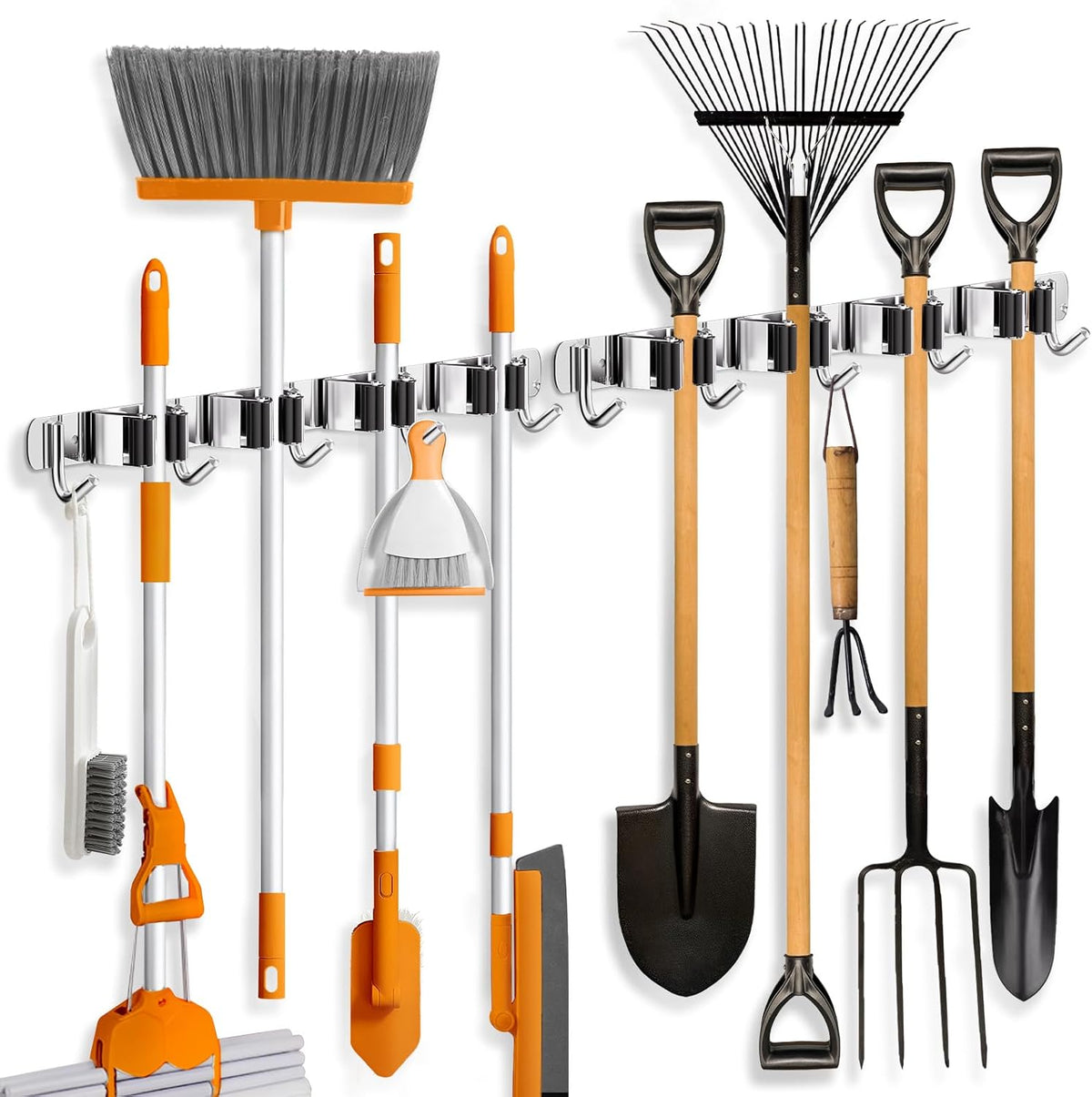 ZONGOOL 2 Pack Mop Broom Holder Wall Mount, 4 Racks and 5 Hooks Broom Organizer Storage Tool Racks