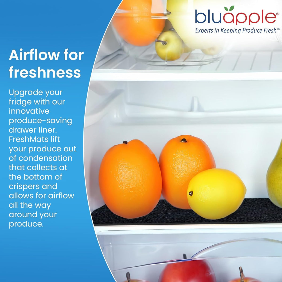 Bluapple FreshMats, Refrigerator Bin Liner, Fridge Drawer Mats, Crisper Life Extender Liner Keeps