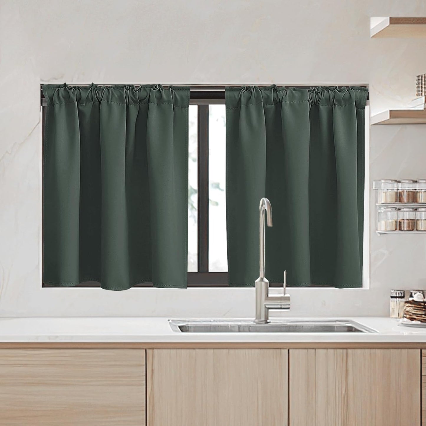 RYB HOME Dark Green Small Blackout Window Curtains - Insualting Privacy Curtains for Kids Bedroom