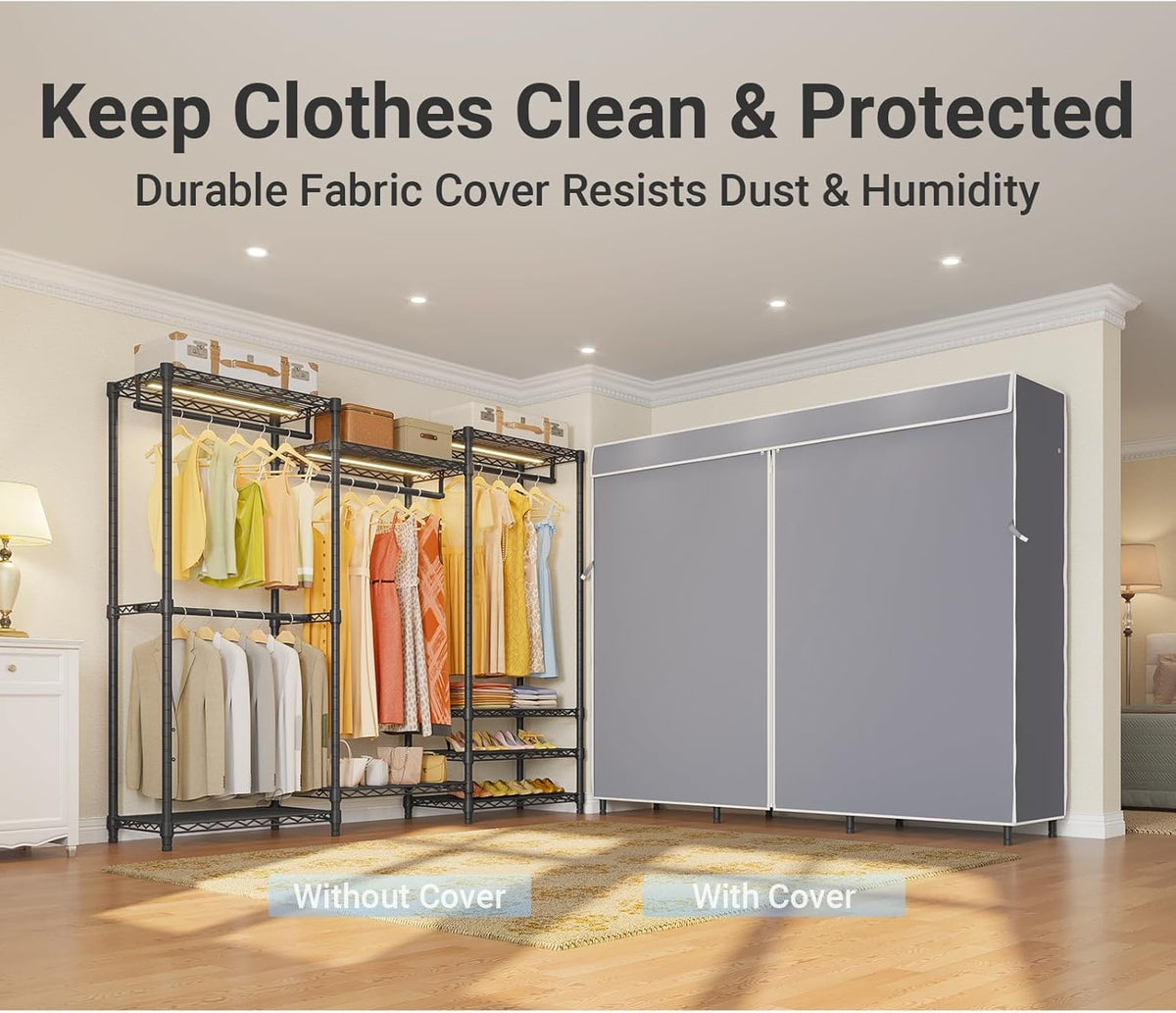 VIPEK V5LC Garment Rack Heavy Duty Covered Clothes Rack with Dimmable LED Lights, 3000K Warm White