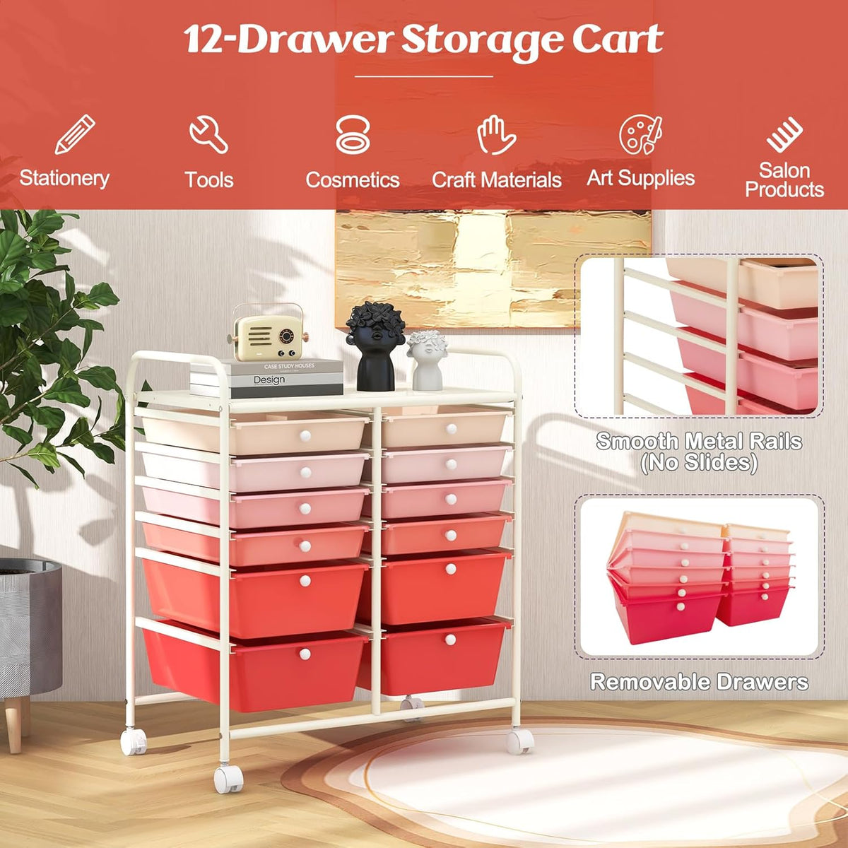 GOFLAME 12-Drawer Rolling Storage Cart, Multipurpose Organizer Cart with 2 Sizes Plastic Drawers