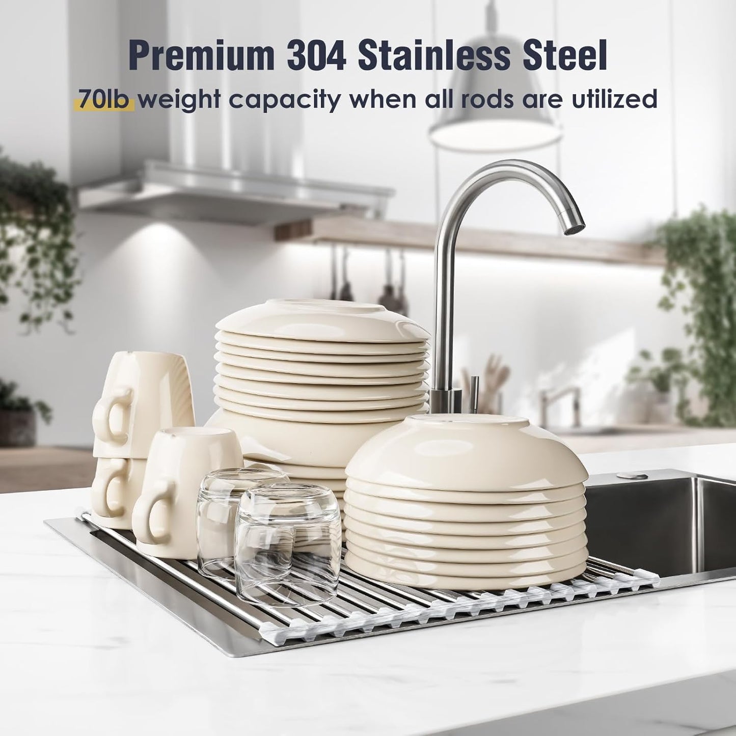 Tomorotec Stainless Steel Roll-Up Dish Drying Rack Marble Color Silicone Edges, Foldable Kitchen