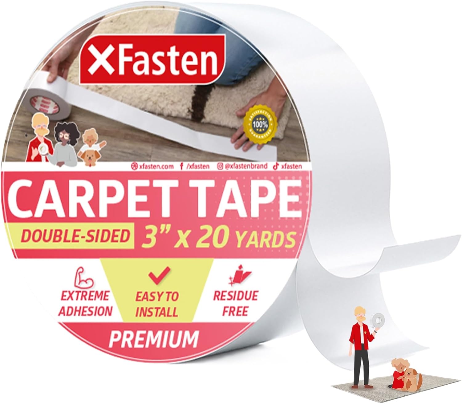 XFasten Double Sided Carpet Tape for Area Rugs, 3 Inch x 20 Yards – Heavy Duty Anti Slip Rug Grip