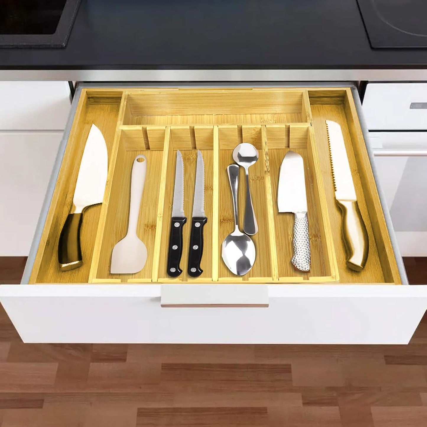 Kitchen Bamboo Silverware Drawer Organizer - Expandable Utensil Organizer for Flatware, Adjustable