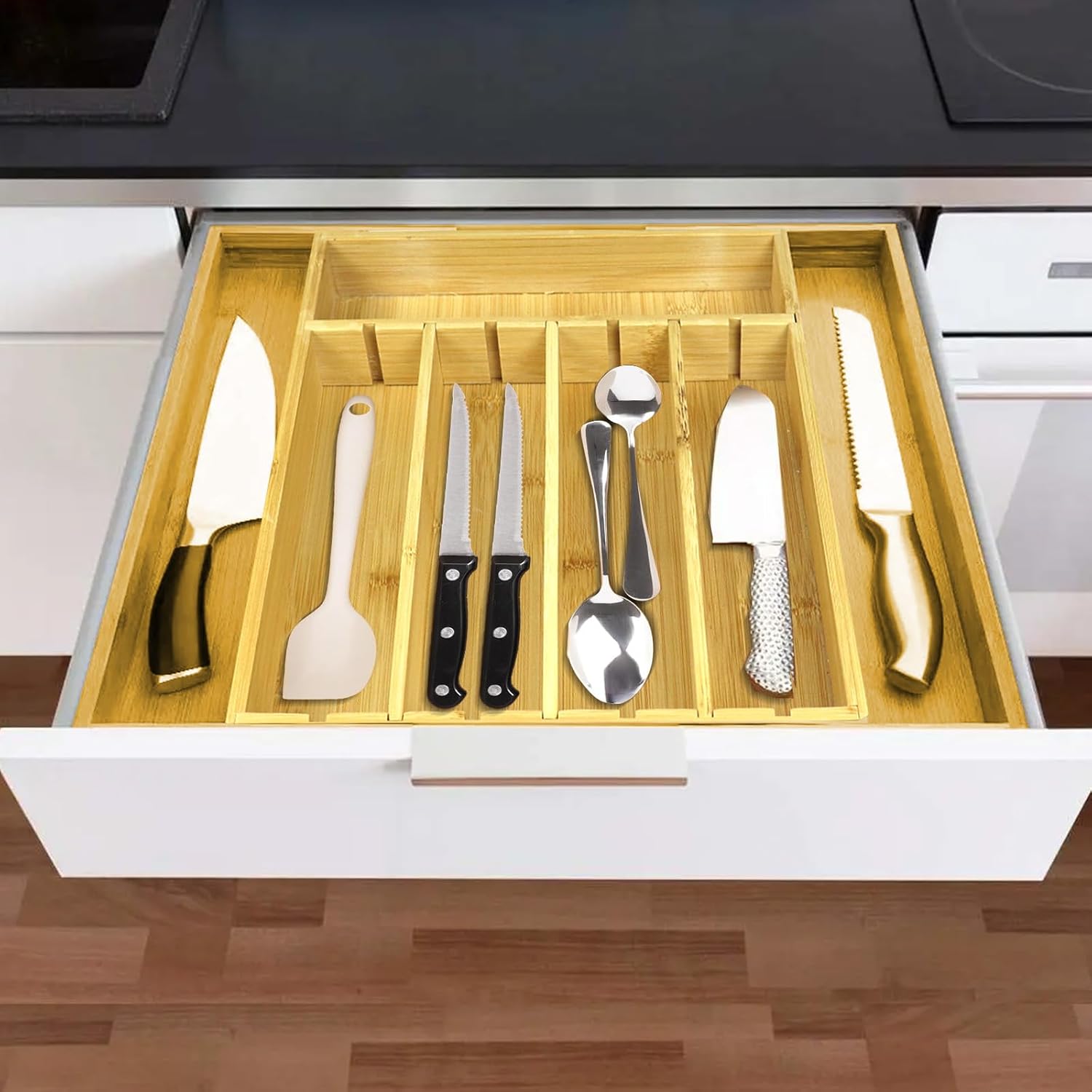 Kitchen Bamboo Silverware Drawer Organizer - Expandable Utensil Organizer for Flatware, Adjustable