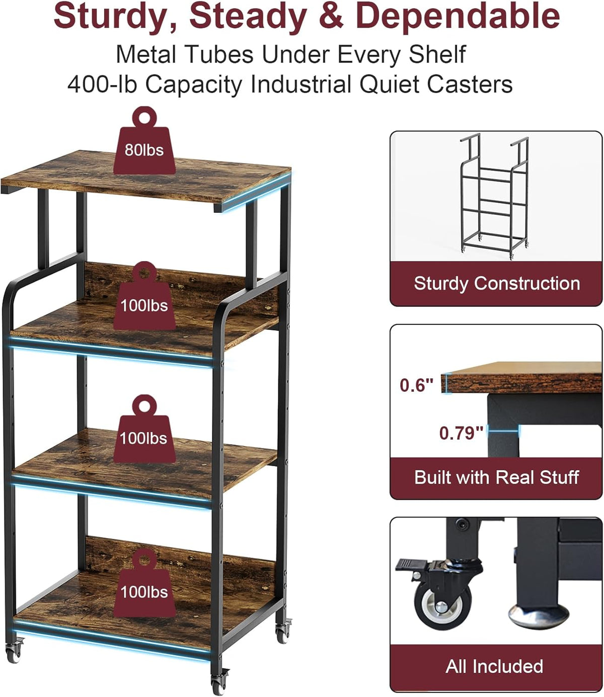 4 Tier Printer Stand with Storage Shelf, Large Tall Printer Table for Home Office, Movable Printer