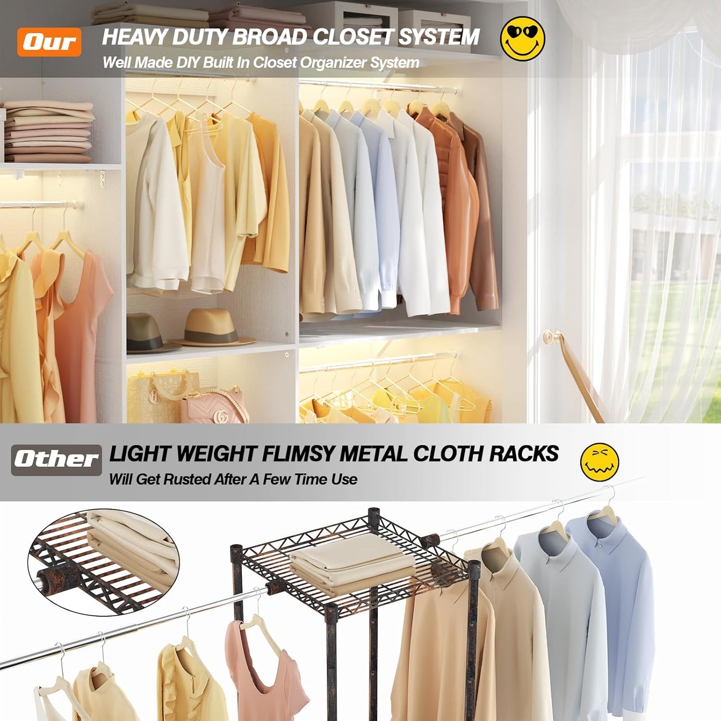 8FT Closet System with Shelves, 96'' Closet Organizer System with 3 Hanging Rods, Wall Mount