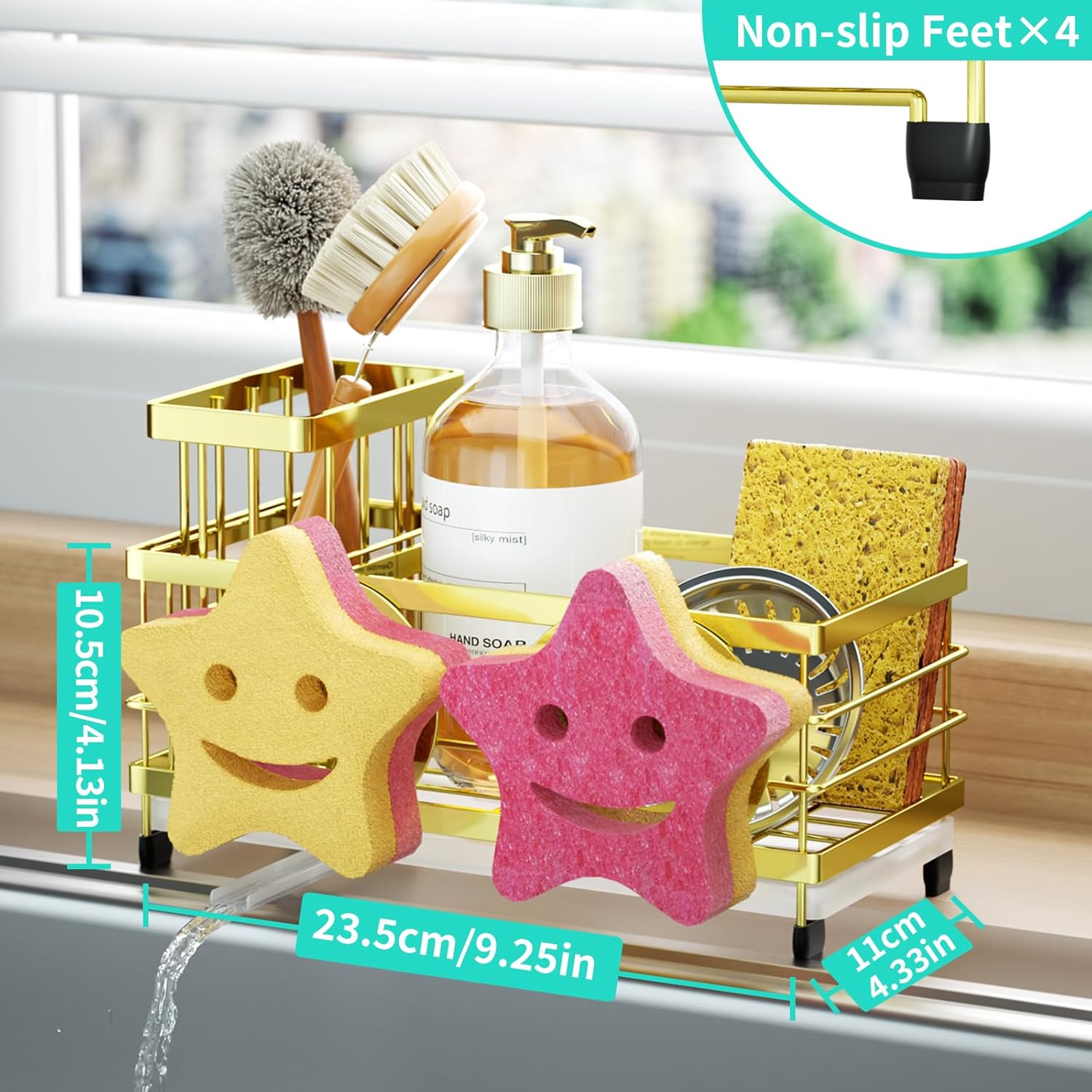 HapiRm Sink Caddy Sponge Holder - Self-draining Kitchen Sink Organizer with Smiley Face and Brush