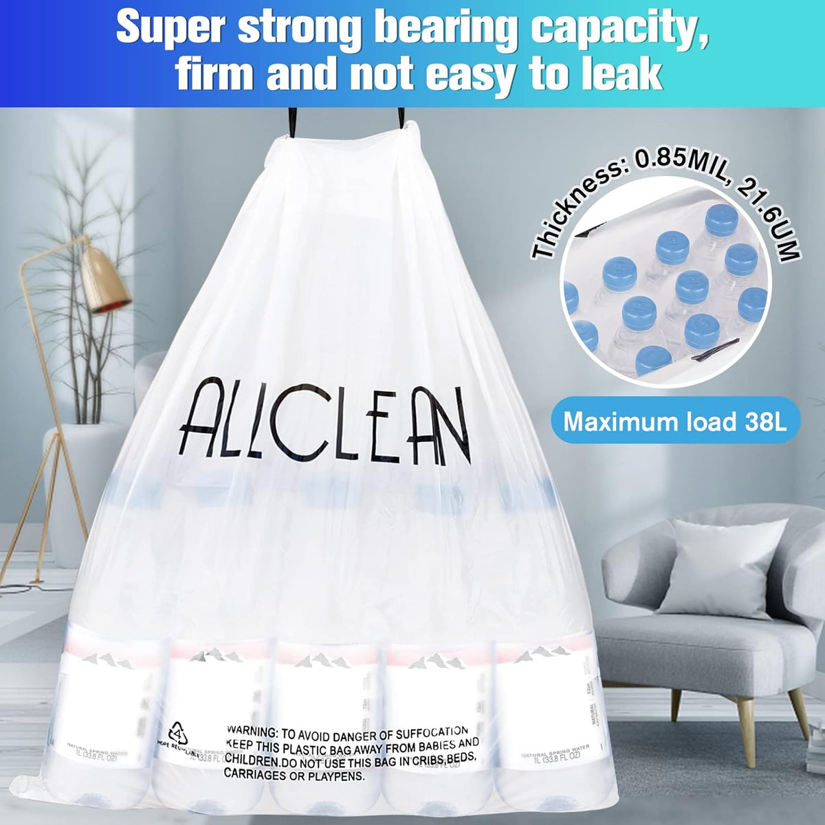 Trash Bags 10 Gallon Medium Kitchen Drawstring Bathroom Garbage Bags, Fit 8-10 Gal Bins,Extra