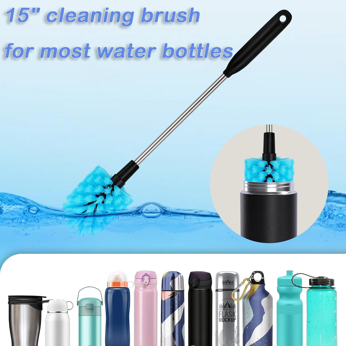 2-in-1 Stainless Steel Long Handled Water Bottle Brush, Multi-Purpose Bottle Scrubbing Brush, Soft