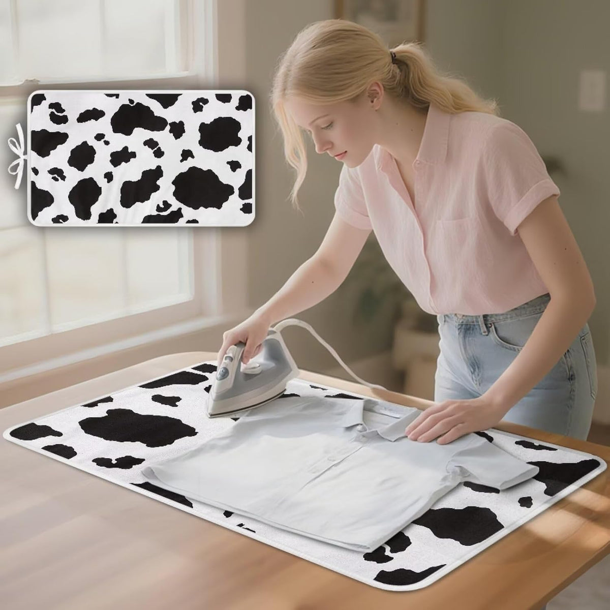 Cow Print Ironing Mat Portable Ironing Pad,Black and White 32 x 16 Inch Large Ironing Mat for Table