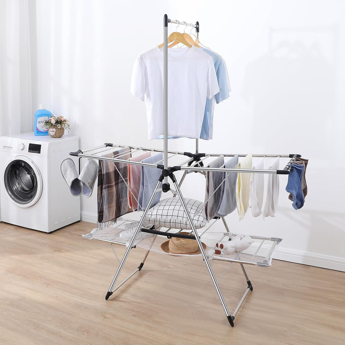 APEXCHASER Clothes Drying Rack, Foldable 2-Level Drying Racks with High Hanger, Metal Laundry Stand