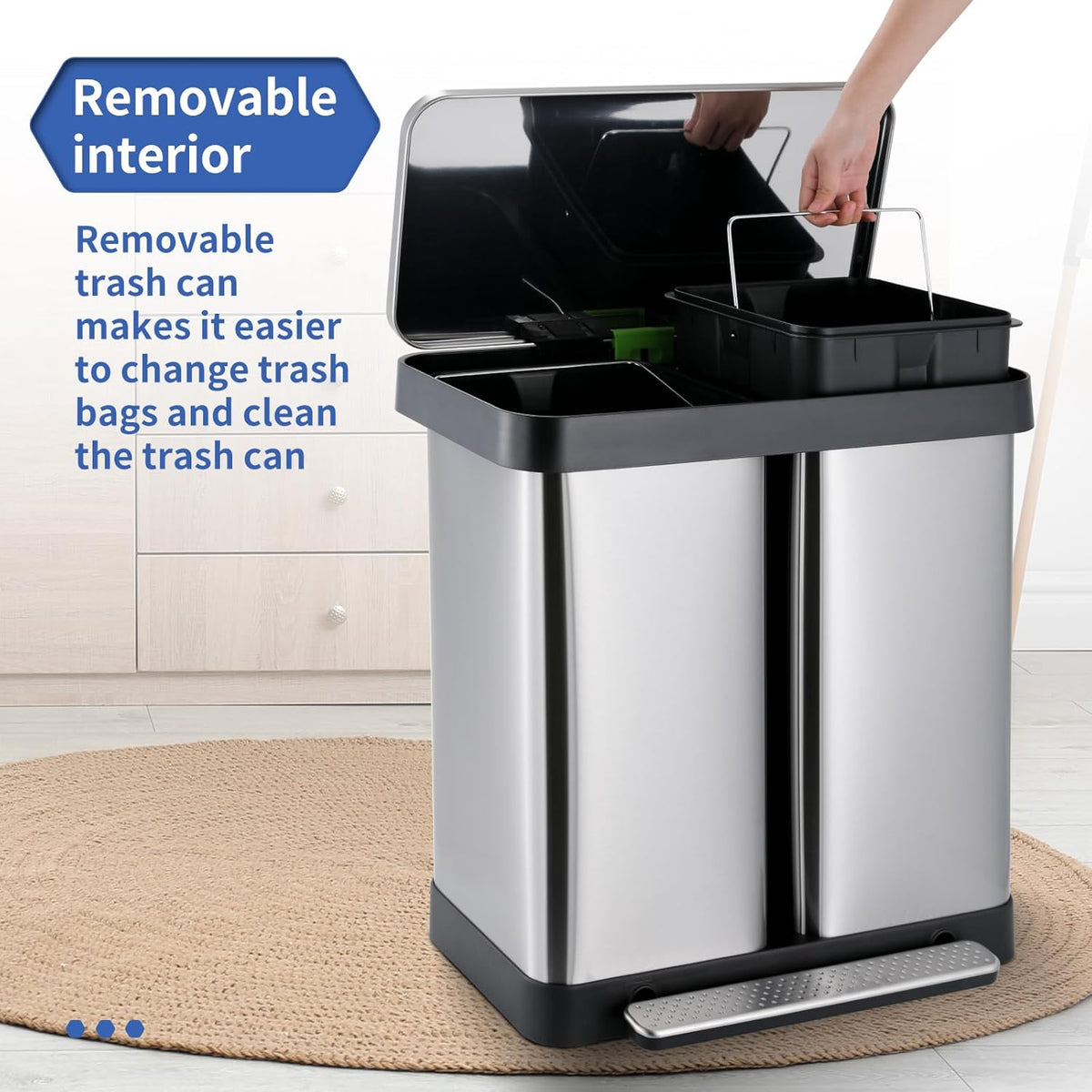 16 Gallon Dual Compartment Trash Can, Hands-Free Recycling Rectangular Garbage Bin, Stainless Steel