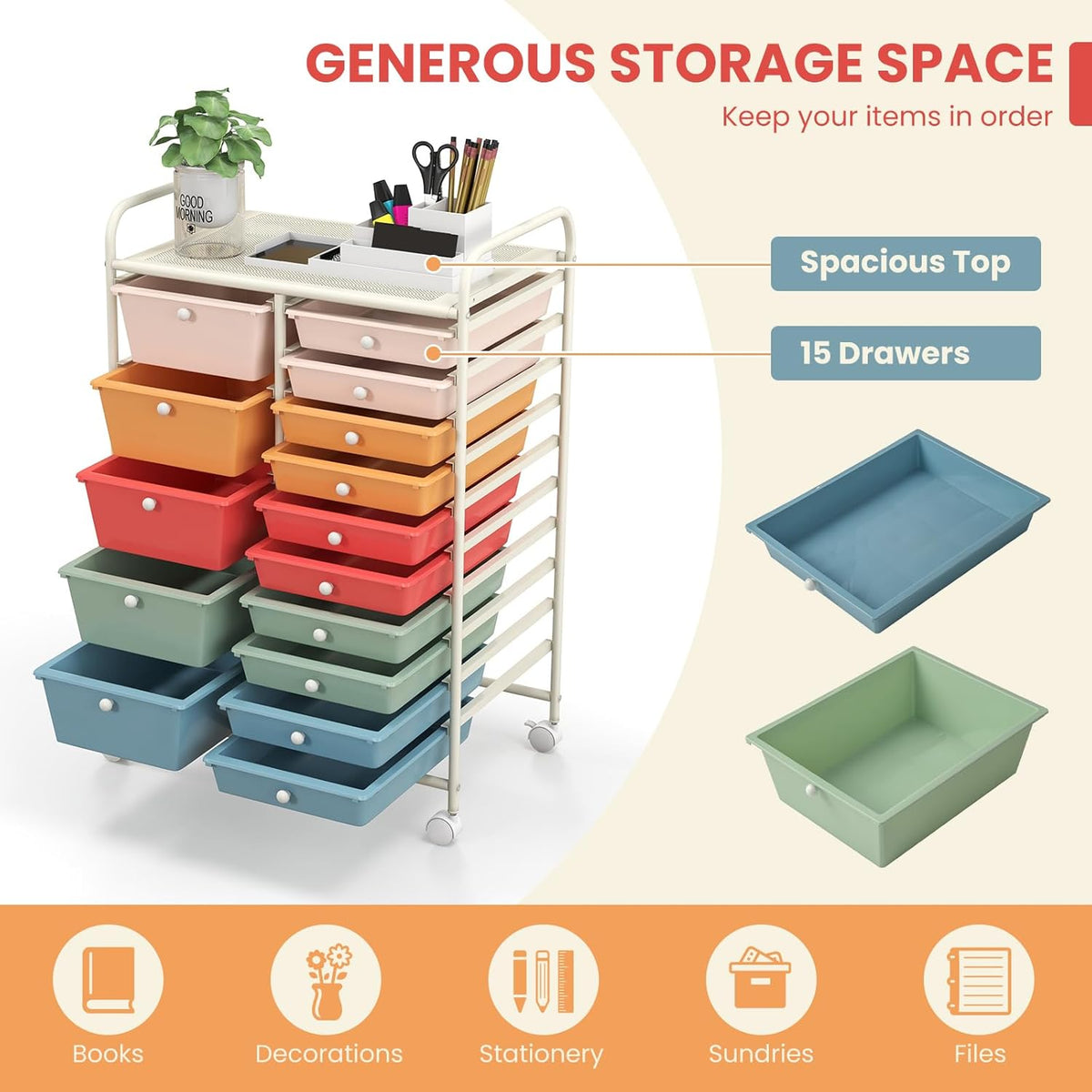 GOFLAME 15-Drawer Rolling Storage Cart, Multipurpose Movable Organizer, Utility Cart for Home