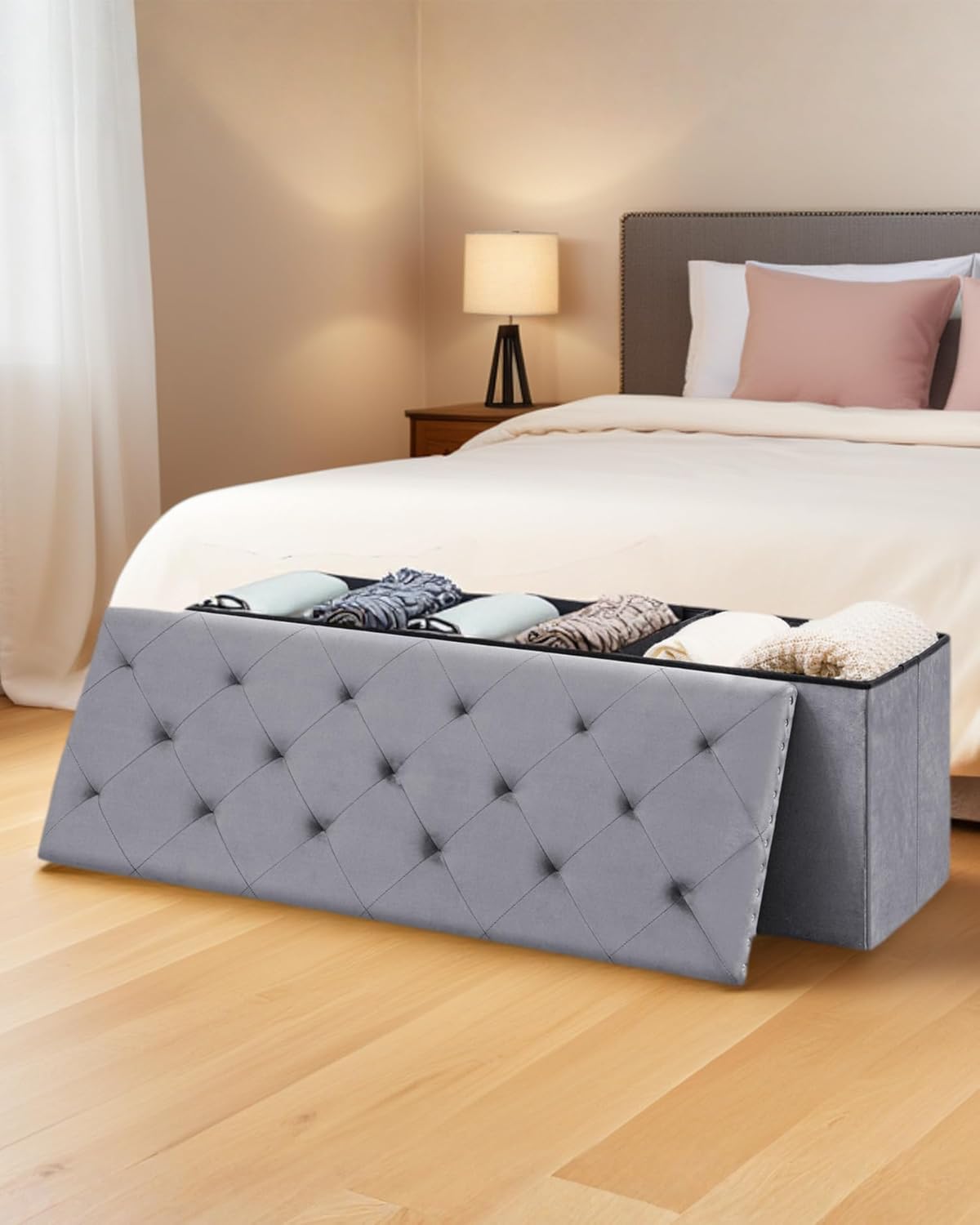 Velvet Storage Ottoman Bench, 43.3" Folding Ottoman with Rivet Trim, Heavy-Duty Upholstered