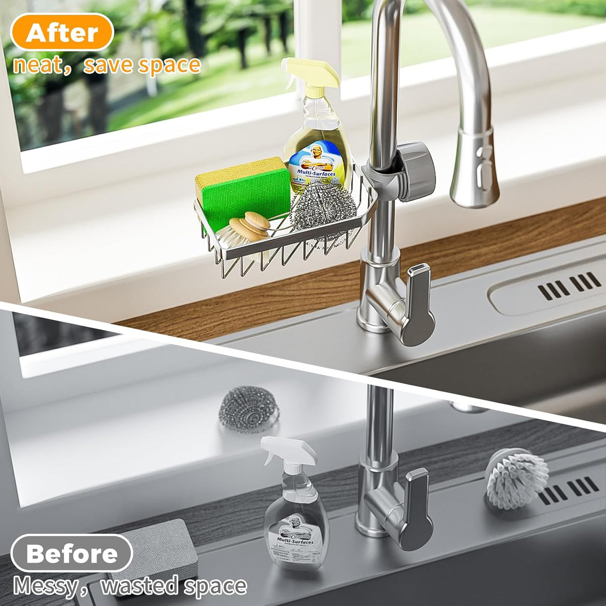 LONIN Sponge Holder Over Faucet Kitchen Sink Caddy Organizer, Stainless Steel Detachable Hanging