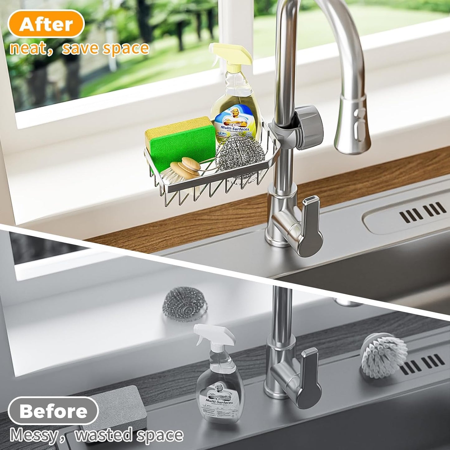 LONIN Sponge Holder Over Faucet Kitchen Sink Caddy Organizer, Stainless Steel Detachable Hanging