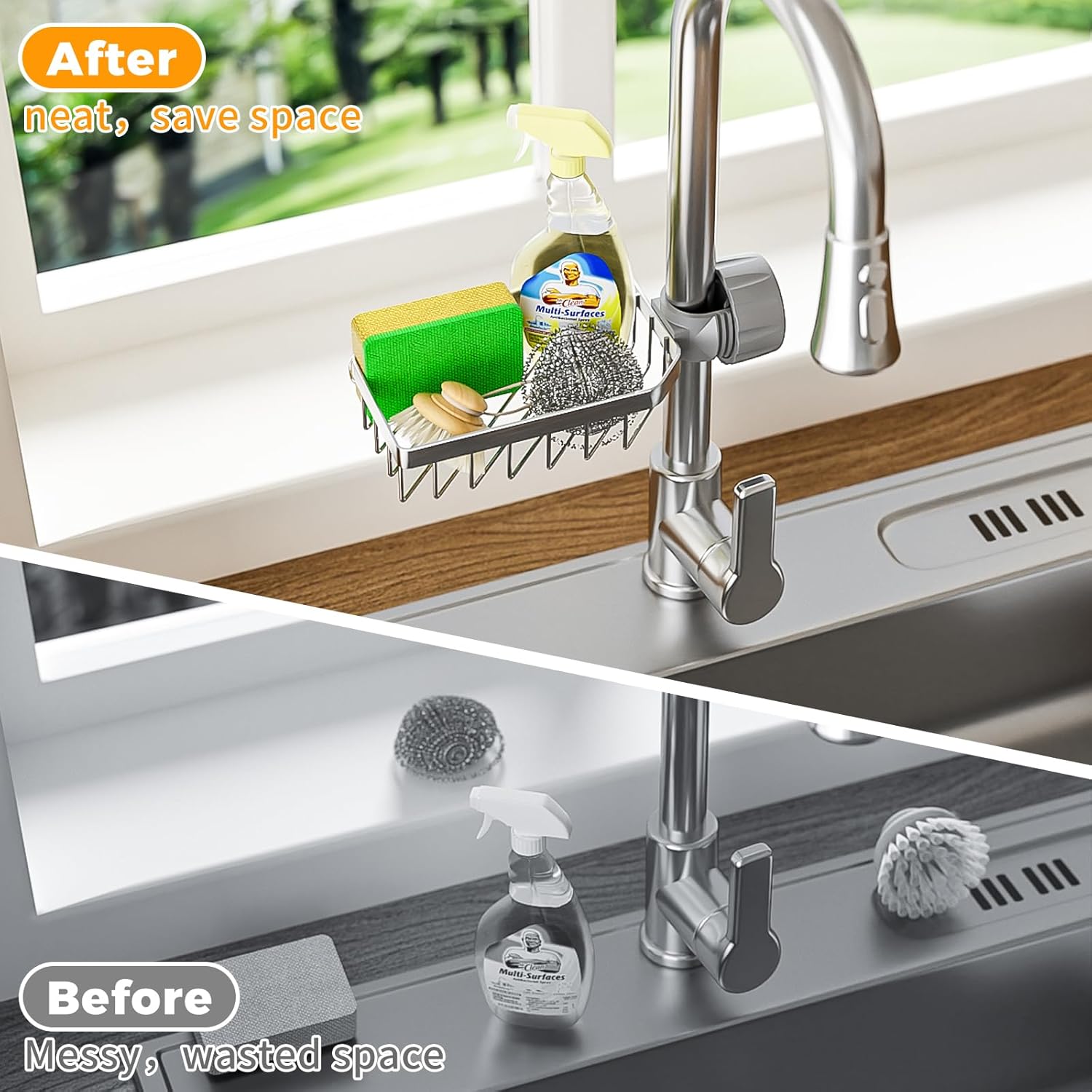 LONIN Sponge Holder Over Faucet Kitchen Sink Caddy Organizer, Stainless Steel Detachable Hanging