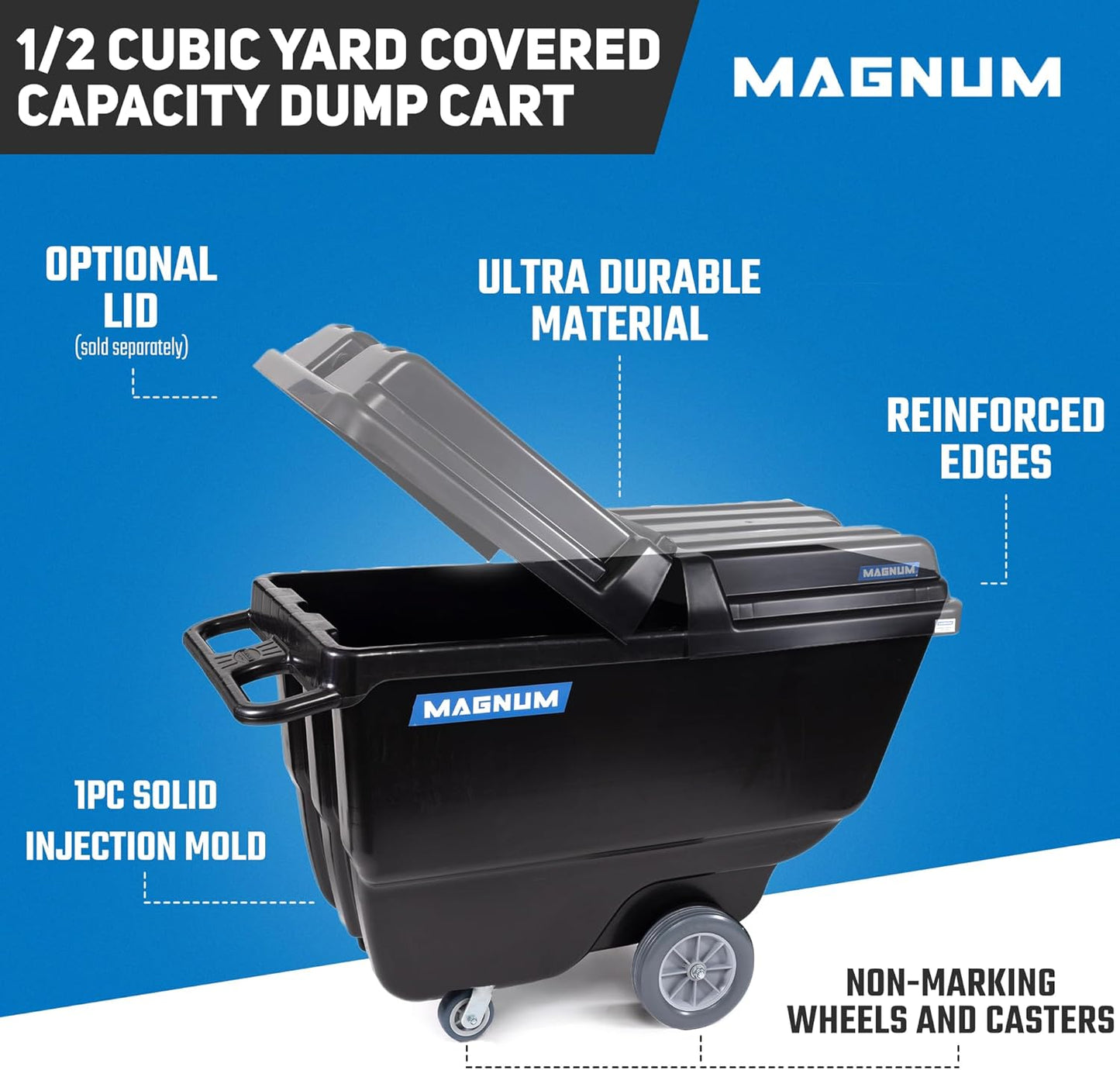 Magnum Tilt Truck, 1/2 Cu. Yd. Capacity Dump Cart with Non-Marking 12” Wheels & 5” Casters for