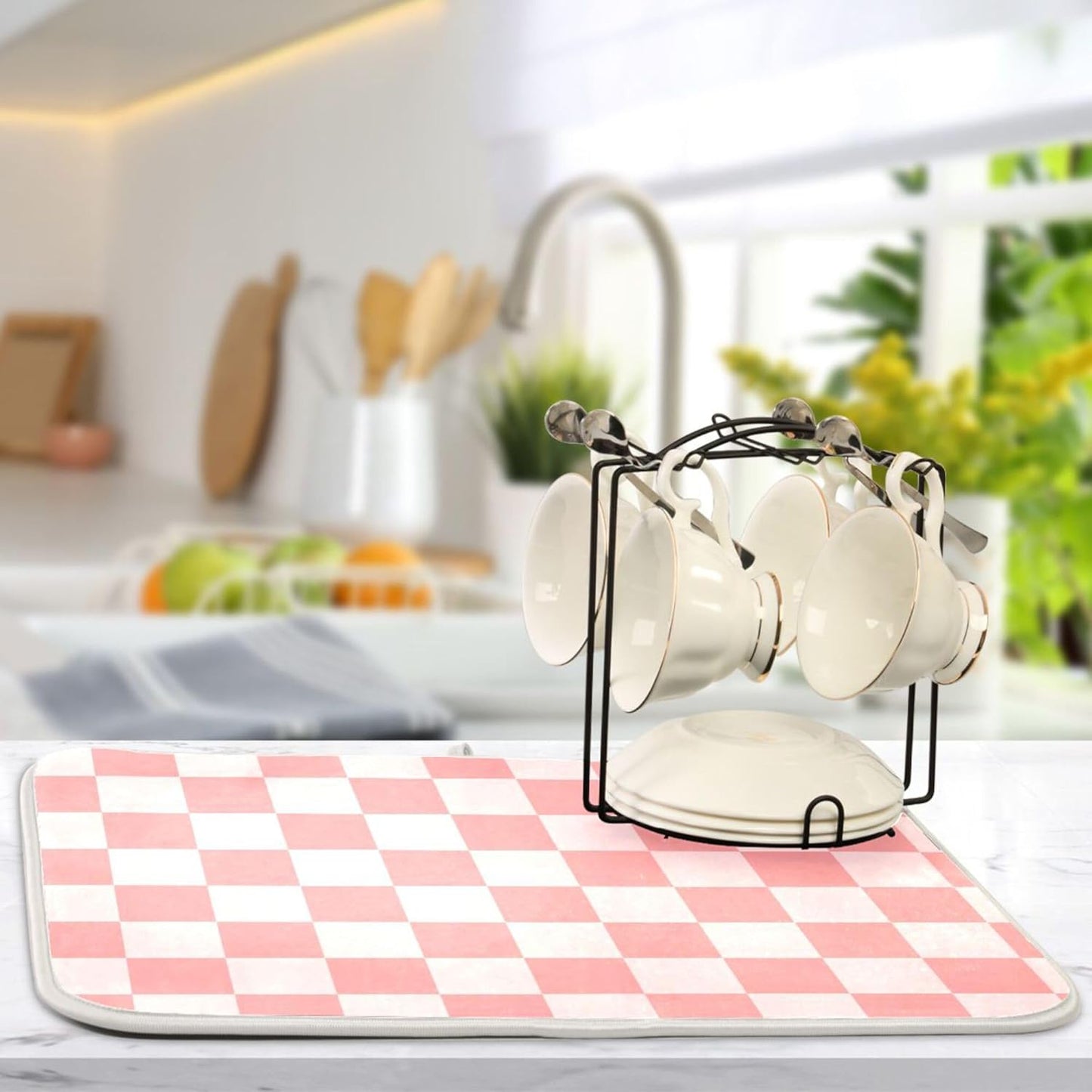 Buffalo Plaid Pink Dish Drying Mat for Kitchen Countertop 16x18 Chessboard Rectangle Small Drying
