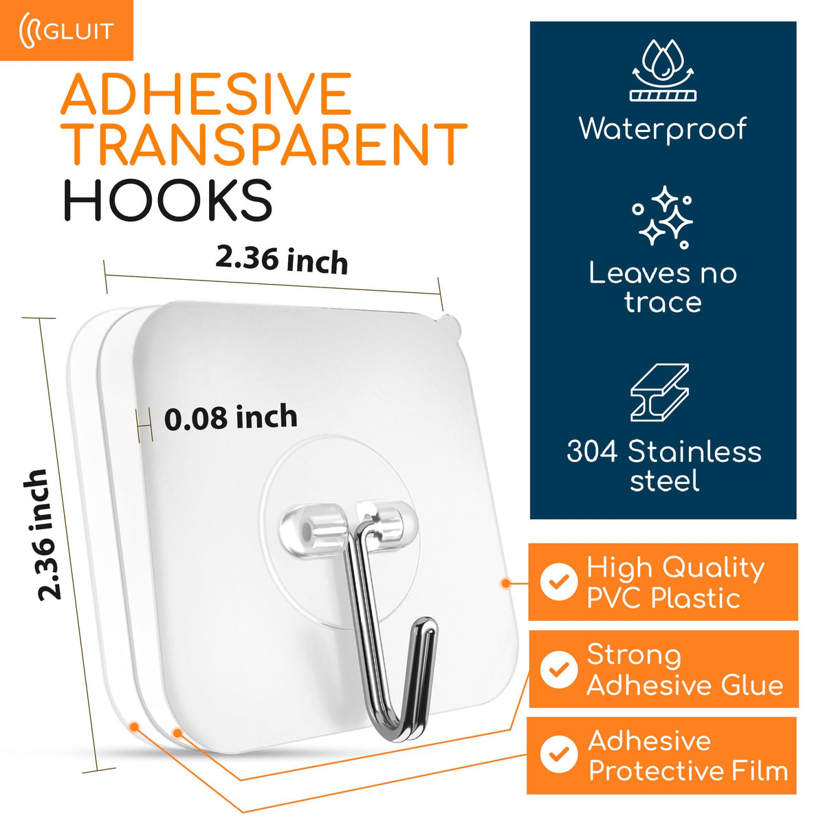 GLUIT Adhesive Wall Hooks for Hanging, Heavy Duty No Drill, 22 lbs, 12 Pack