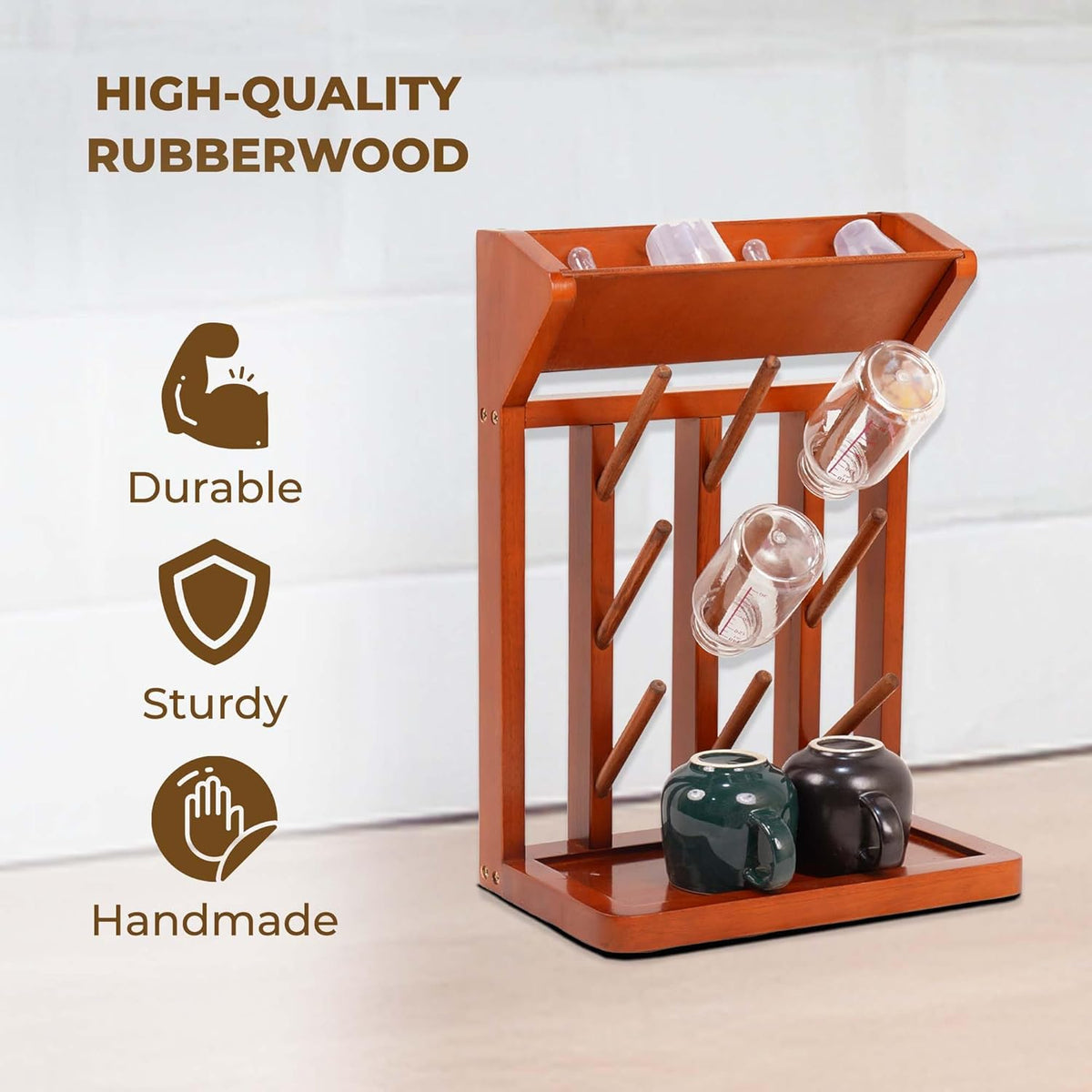 Brown Vertical Bottle Drying Rack Rubber Wood 9 Hooks, Use for Bottles, Cups, Mugs, Glasswine