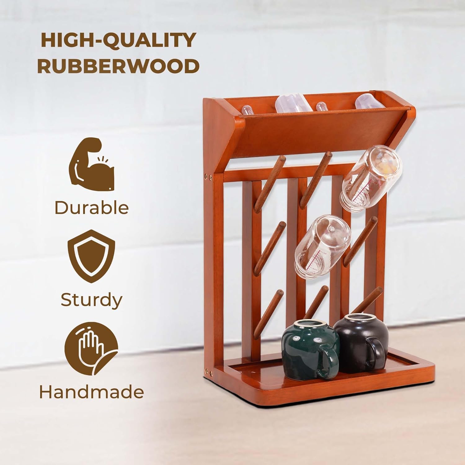 Brown Vertical Bottle Drying Rack Rubber Wood 9 Hooks, Use for Bottles, Cups, Mugs, Glasswine